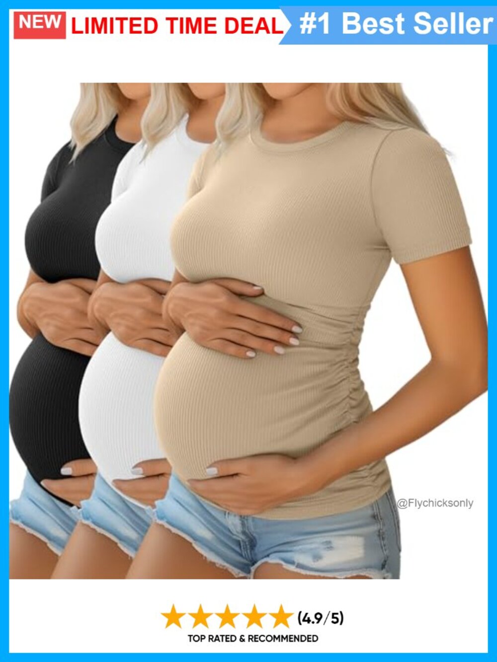 3 Pack Maternity Short Sleeve T-Shirts Cotton Spandex Ruched Pregnancy Tops